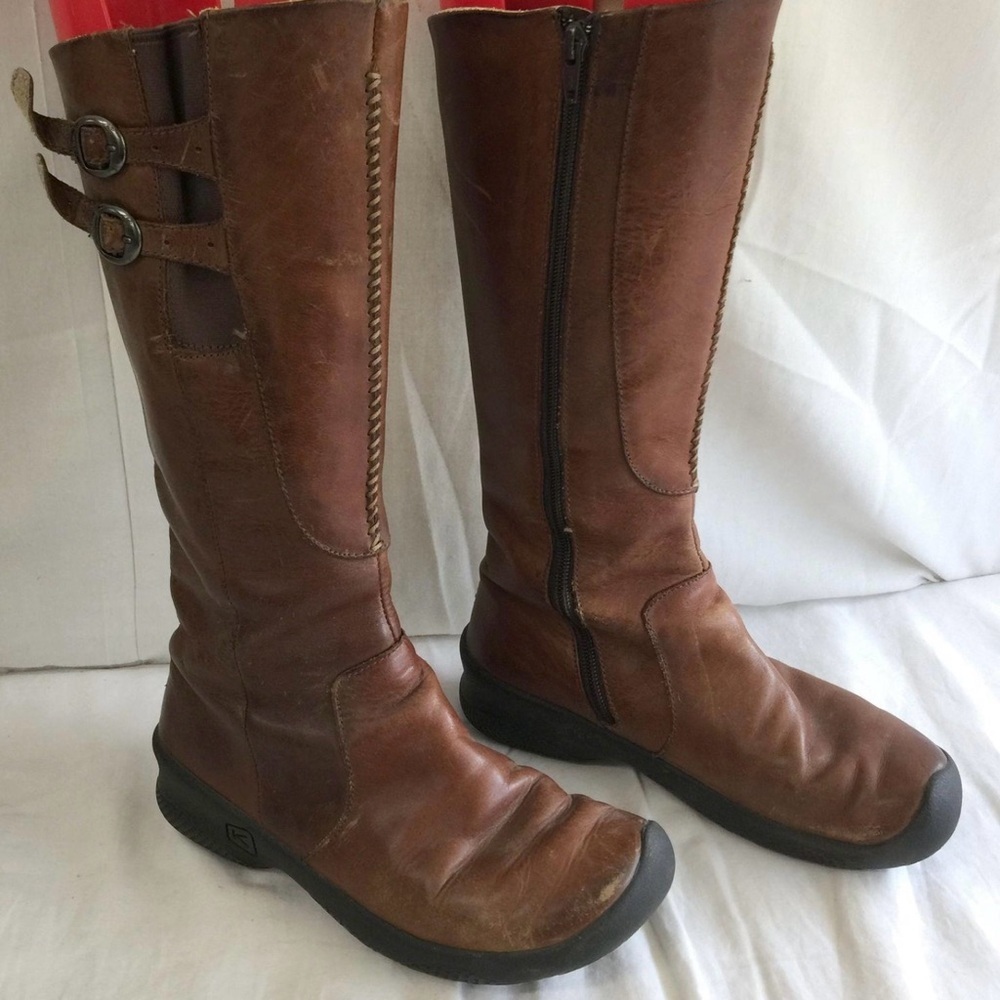 Women's Keen Brown Leather Baby Bern Tall Side Zip Knee-High Boots Size 5.5